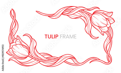 Art nouveau style tulip flower and flowing stem frame in a vibrant red line art design
