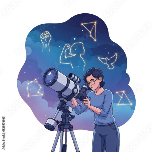 Young woman looking at constellations through a telescope at night