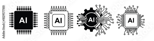 A collection of artificial intelligence microchip icons displaying various styles of processor units with AI text
