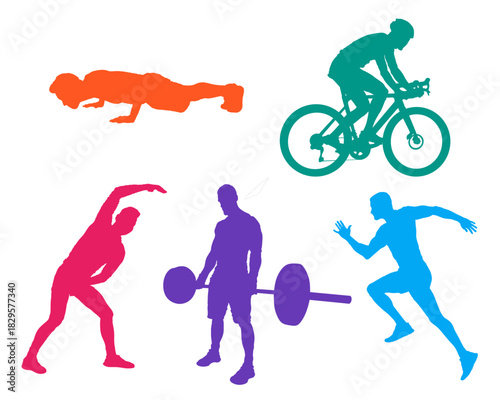 Silhouettes of athletes performing various fitness activities including cycling, stretching, weightlifting, sprinting, and push-ups
