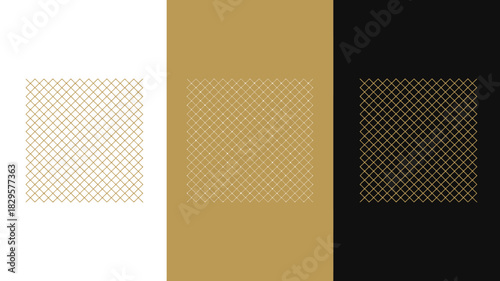 Three squares with golden diamond patterns on white gold and black backgrounds side by side design