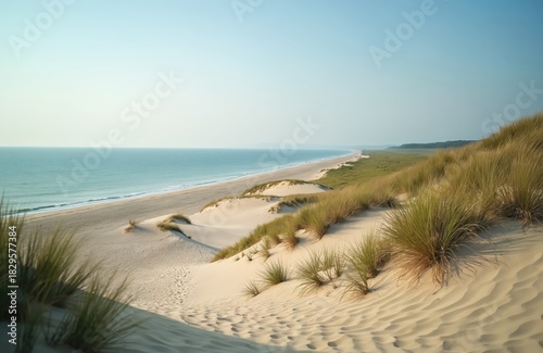 Sandy dunes with green grass overlook peaceful beach on Lake Michigan. Calm water stretches to horizon under clear sky. Beautiful natural landscape from Sleeping Bear National Lakeshore for travel,
