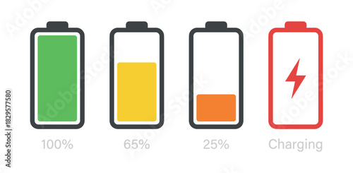Battery charge level indicator icons with different percentages and charging status on white background