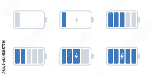 Set of battery indicator icons showing various charge levels from empty to full, including charging states