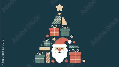 A christmas tree made of gifts and santa claus face on a dark blue background vector illustration