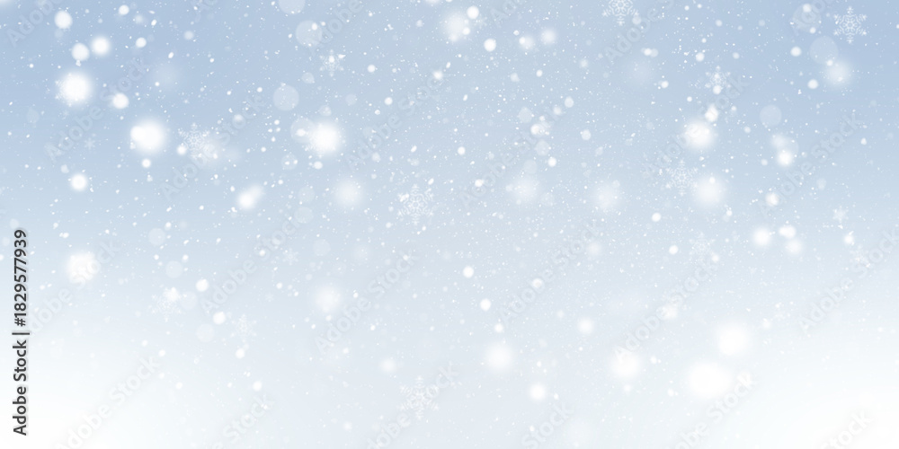 Fototapeta premium New Year background featuring diffused bright lights and falling snow over a light blue winter gradient. Perfect for seasonal marketing campaigns, website backdrops, and video overlays