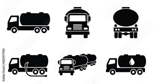 Set of black fuel truck icons illustrating various angles and types of tanker vehicles for liquid transportation