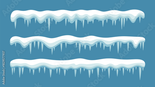 Illustration of three horizontal snow caps with icicles hanging down on a blue background design element