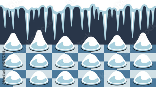 A winter scene with icicles hanging above snow mounds on a checkered blue and white surface