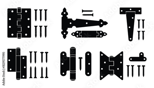 Collection of black hinge types with accompanying screws for various applications including doors and cabinets
