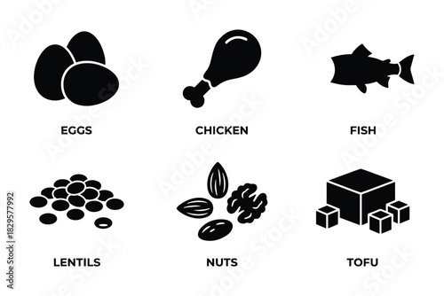 Protein food icon set includes eggs, chicken, fish, lentils, nuts, and tofu black vector graphic