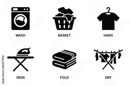 Set of laundry icons in black solid style depicting common tasks like washing drying ironing and folding clothes
