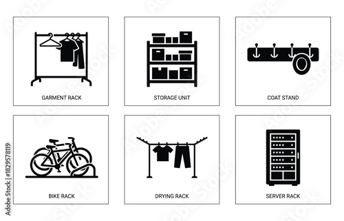 Rack icon set includes garment rack, storage unit, coat stand, bike rack, drying rack, and server rack