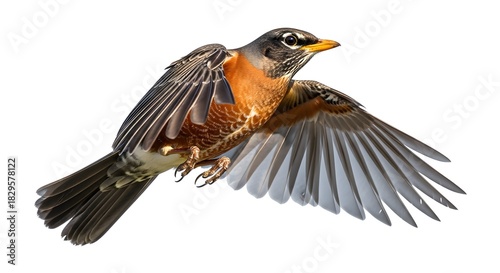 American robin bird flying isolated on white background