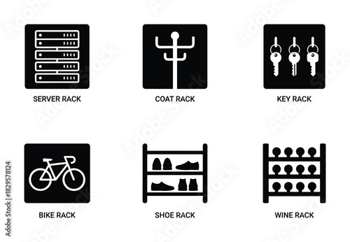 Rack icon set includes server rack, coat rack, key rack, bike rack, shoe rack, and wine rack vector
