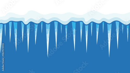 A cartoon illustration of blue icicles hanging from a snowy ledge against a blue background winter scene
