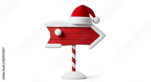 Christmas direction sign with santa hat isolated on white background