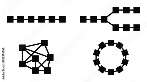 Blockchain structure icons set featuring various network configurations including linear, branched, mesh, and circular designs