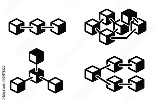 Blockchain technology block chain structure icons set illustrating various network types and connections