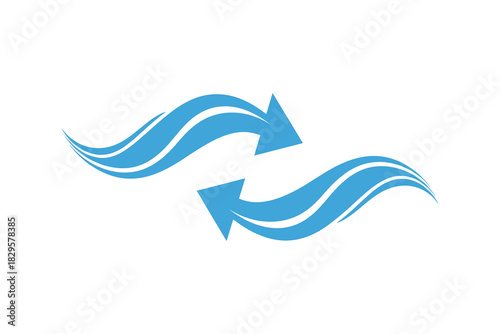 Blue refresh arrows or exchange currency icon with wavy lines on white background