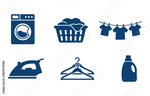 Set of laundry icons in blue solid style depicting various items and tasks related to clothing care and cleaning