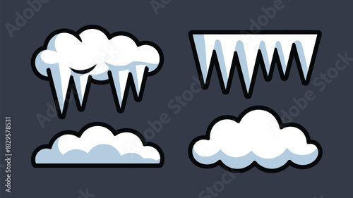 Illustration of four winter elements including clouds and icicles on a dark gray background