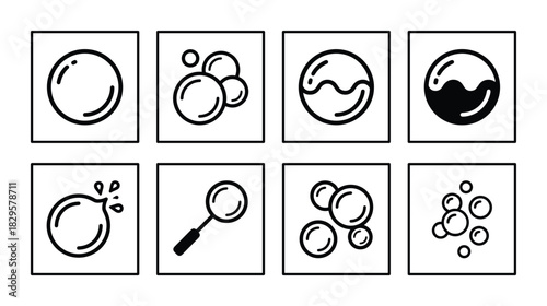Set of eight bubble icons in a square frame featuring various forms and arrangements of bubbles