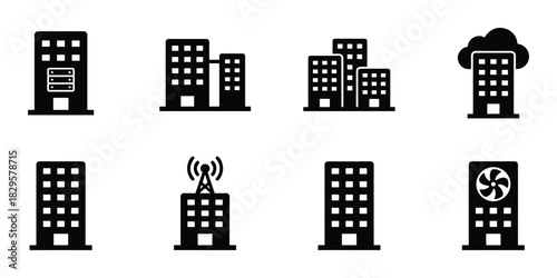 Collection of building icons representing server rooms, data centers, and various office structures with network elements