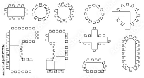 Floor plans illustrating various meeting and conference table arrangements with chairs, viewed from above, for event planning and room design.