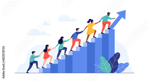 Diverse team members ascend a bar graph staircase, holding hands and supporting each other towards collective progress, leadership, and success.