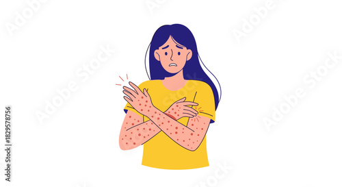 A worried young woman suffers from an itchy skin rash, showing symptoms of an allergic reaction or skin disease.