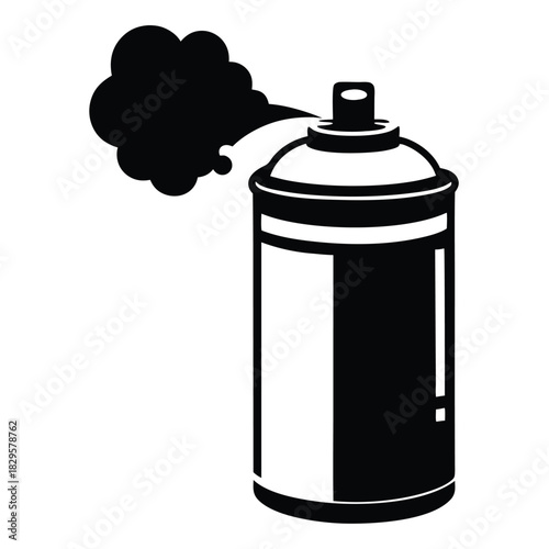 Black aerosol spray can releases a cloud of black mist in monochrome style