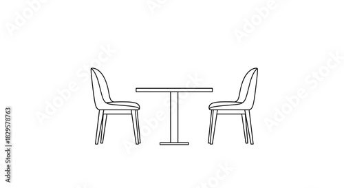 A modern and minimalist line art illustration showcasing an empty dining table with two chairs, presented in a clean white background.