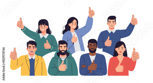 A diverse group of smiling people happily gives a thumbs-up gesture, symbolizing agreement, success, and positive feedback.