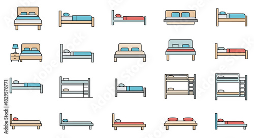Set of bed icons in flat line art style, featuring various types like single, double, and bunk beds, symbolizing sleep, hotels, and bedroom furniture.