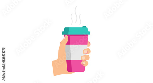 A cartoon illustration of a hand holding a steaming hot pink takeaway coffee cup with a teal lid against a white background.