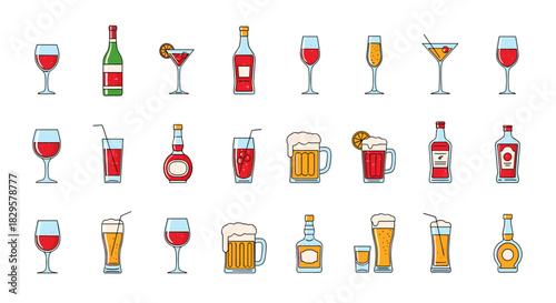Vector illustration of a colorful assortment of alcoholic drinks and bottles, perfect for menus, invitations, or bar decor.
