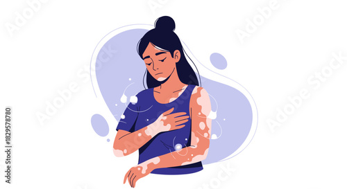 Illustration of a young woman with vitiligo, showing patches of light skin, expressing a sense of sadness or introspection.