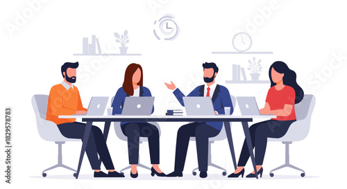 A diverse team of professionals actively collaborates around a table in a modern office, engaged in a productive business meeting with laptops.