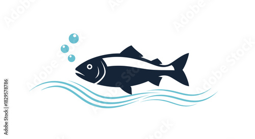 A stylized dark blue fish swims over light blue waves, with bubbles rising from its mouth, set against a clean white background.