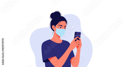 Young woman wearing a medical face mask, holding and looking at her smartphone, engaging with digital content or communicating online.