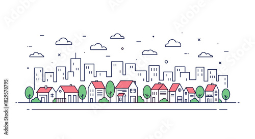 A clean, modern linear illustration of a suburban street scene featuring houses, green trees, and bushes, set against a city skyline and clouds.