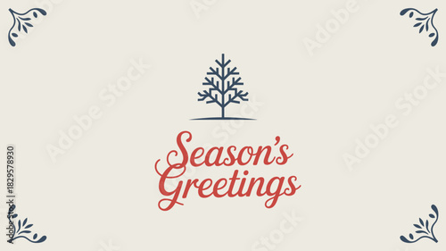 A festive greeting card with a stylized tree and season's greetings message on a cream background