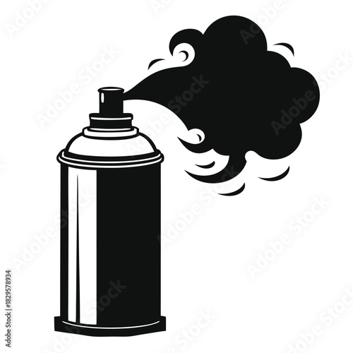 Black spray paint can expels cloud in monochrome, showing artistic expression and urban aesthetic
