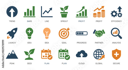 Business and marketing icon set featuring various growth, profit, and success indicators