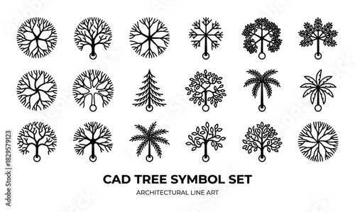 Set of cad tree symbols architectural line art for landscape and urban planning designs