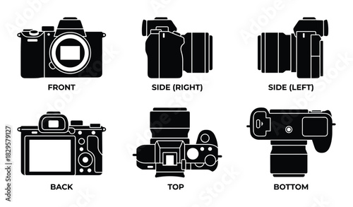 Set of six camera body views from front to bottom for technical drawing or graphic design