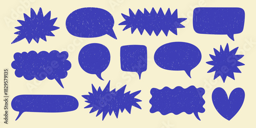 Set of hand-drawn wax crayon speech and thought bubbles. Communication clouds silhouettes with hatching texture. Quirky grunge stickers. Vector graphic