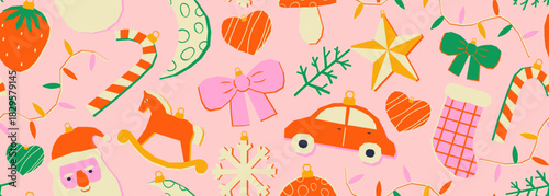 Seamless vector banner with abstract riso christmas tree decorations. Cut out paper baubles and toys in bold colors on pink background. Vintage winter holidays design