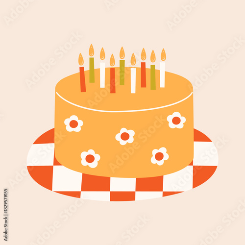 Fun birthday cake with candles and daisy flowers on checkered plate. Groovy dessert quirky illustration. Birthday party celebration symbol. Vector graphic